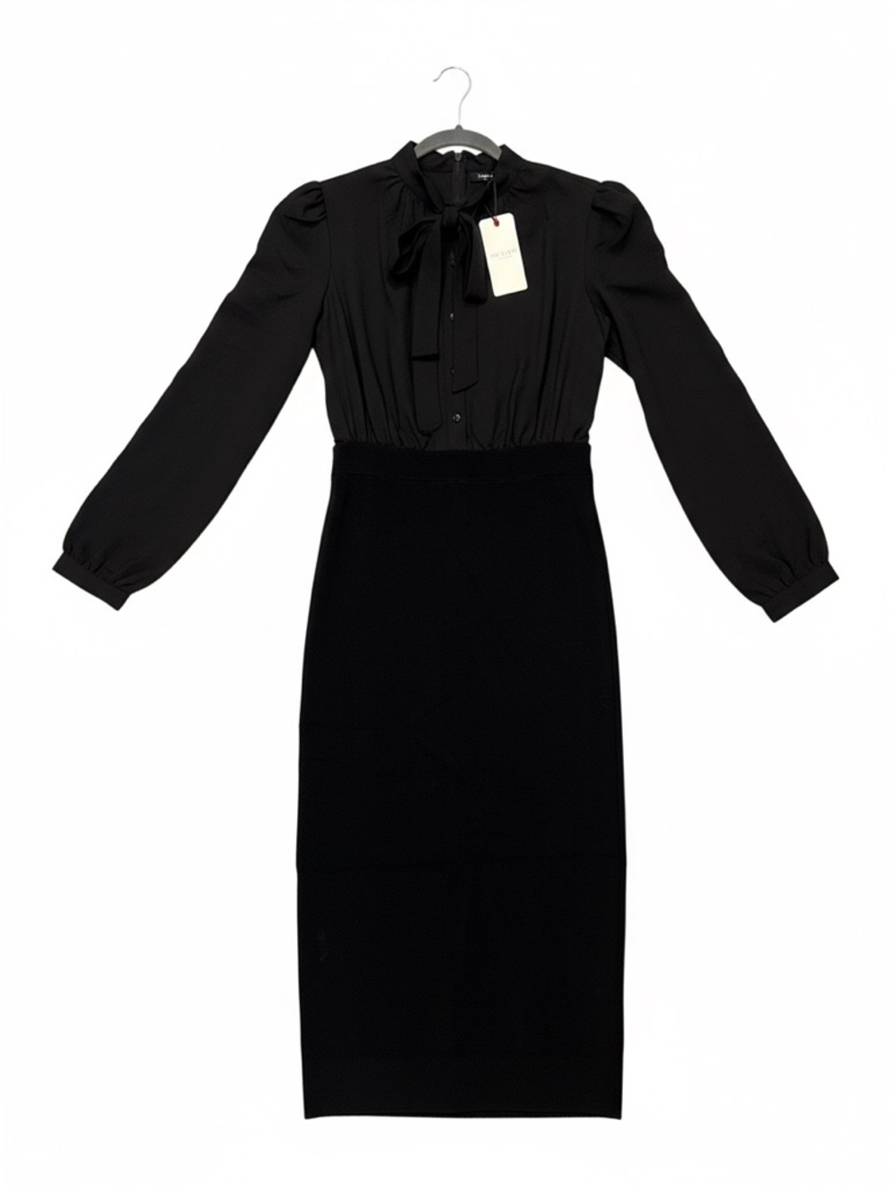 Ted Baker Black Long-Sleeve Tie-Neck Pencil Midi Dress